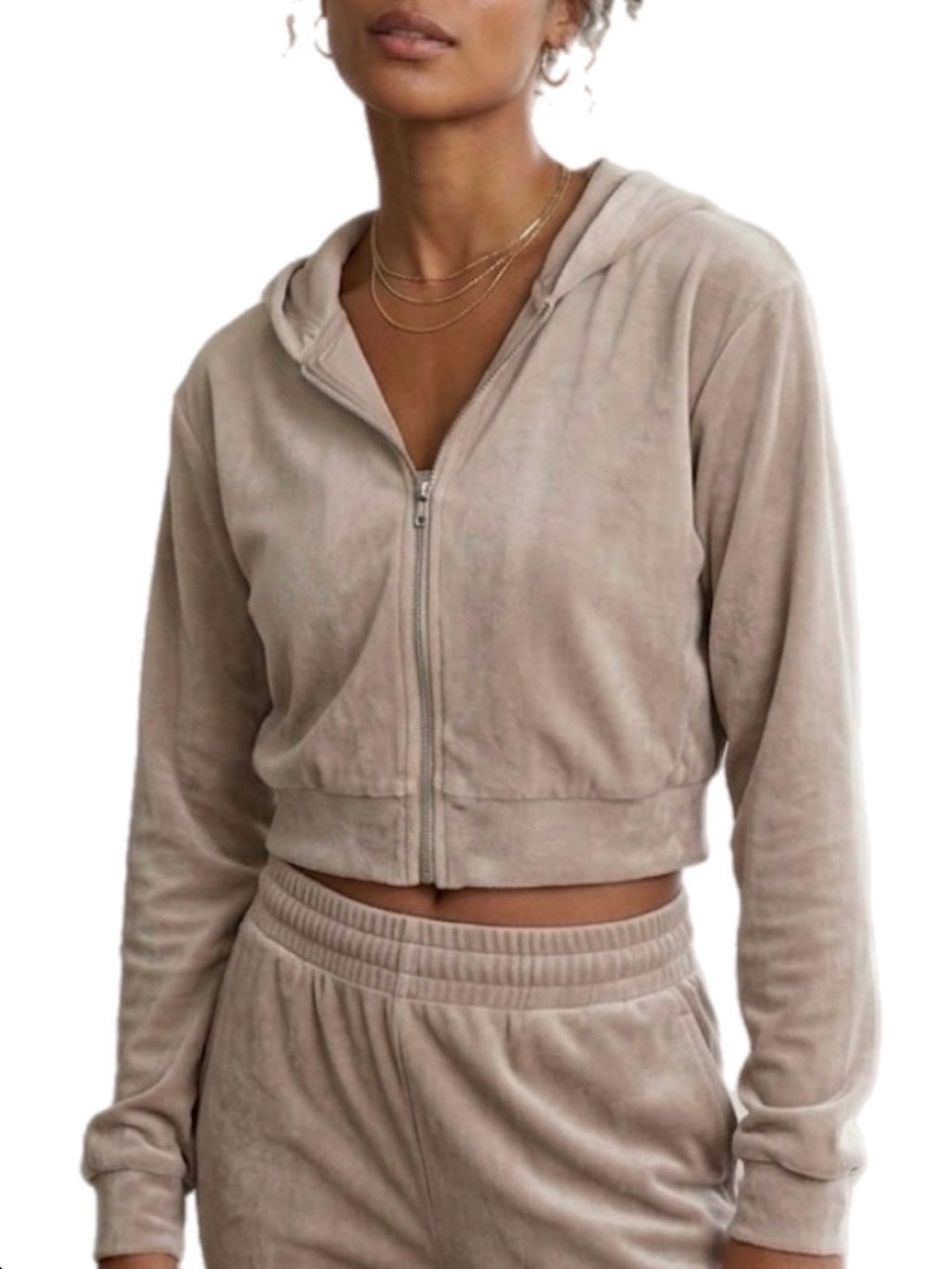L H&M Divided Women’s Beige Cropped Zip-Up Hoodie Sweater Sweatshirt Streetwear
